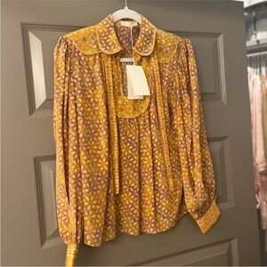 Ulla Johnson Mustard and Taupe Floral Blouse
